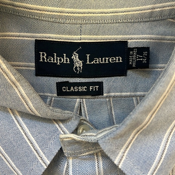 Ralph Lauren Classic Fit Button Down Oxford Shirt Blue Striped Cotton 17-34/35 - Picture 2 of 10